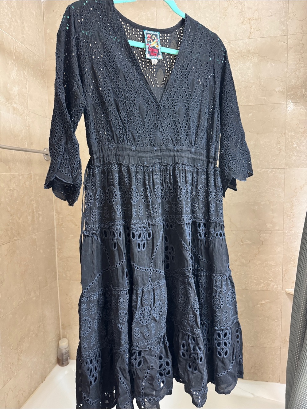 Johnny Was Eyelet V-Neck Tiered Dress - Black with black slip. Ties at waist
